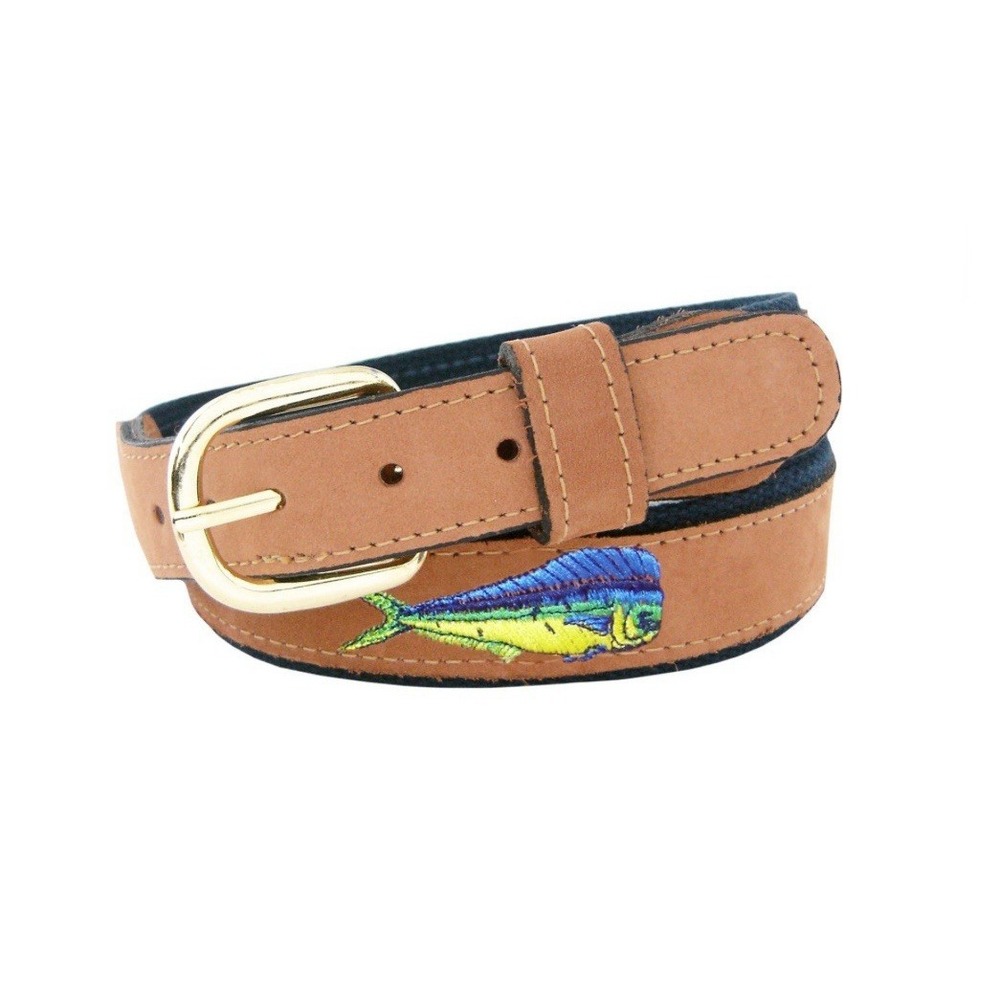 Zep-Pro Men's Tan Leather Embroidered Dolphin Belt, 34-Inch, Tan/Navy